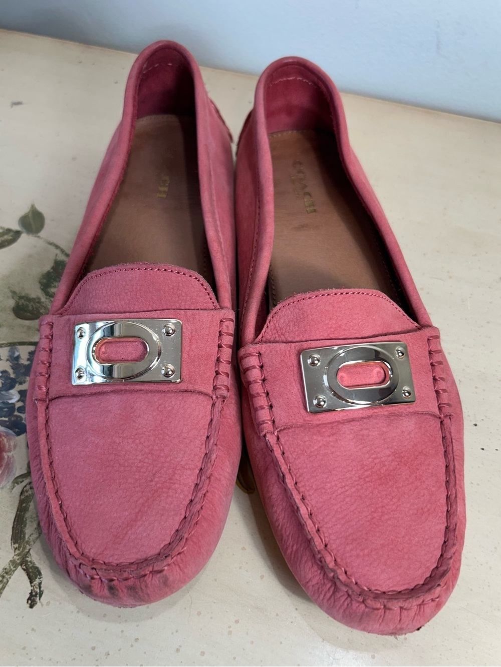 Coach Napoleon Salmon Pink Coral Suede Gold Buckle Driving Loafers